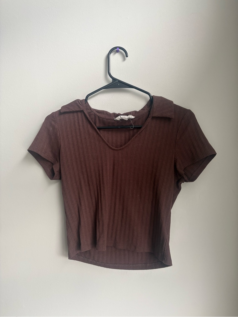 Pink Rose Brown Ribbed Collared V Neck Short Sleeve Top Size M
